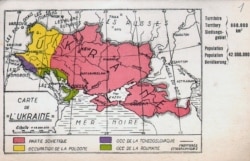 Поштова листівка із зображенням мапи України «Carte de L’Ukraine». Червоним кольором позначено територію, яка потрапила до складу СРСР. Ця листівка була видана в Бельгії у 1930-х роках