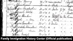 Із архівів American Family Immigration History Center: такий вигляд мала реєстрація нових прибульців. На цій сторінці, серед інших, є вихідці з Російської імперії 28-річний Макс Блімкін, тесля, і його 8-річний син Герш